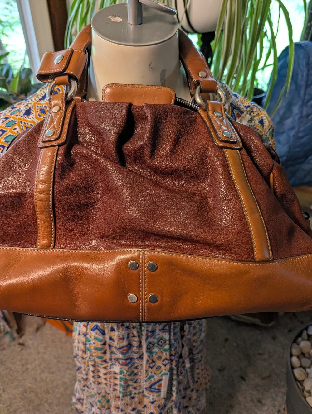 Cole Haan Burgundy Tan Leather Satchel.